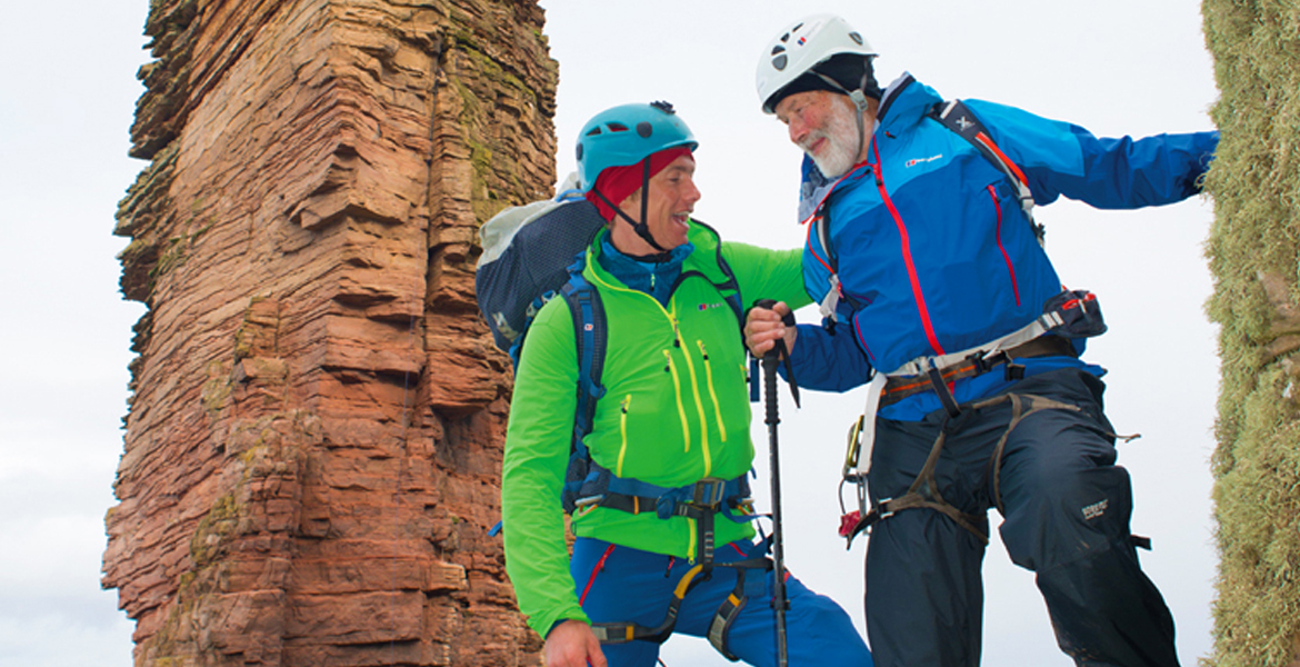 Sir Chris Bonington climbs Old Man of Hoy
