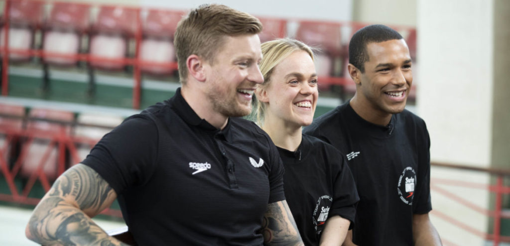 Speedo Athletes Adam Peaty and Ellie Simmonds and Michael Gunning competitive Jamaican Swimmer, during the launch of the Speedo Swim United campaign at Smethwick Swimming Centre, Birmingham. Photo credit: Chris Radburn/PA Wire